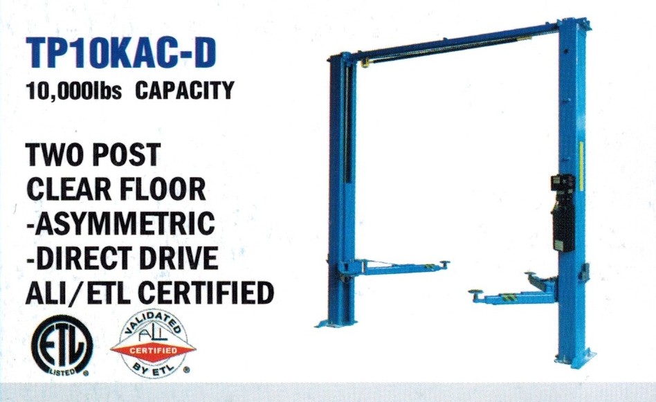Two Post Auto Lift, Clear Floor Model, 10,000 LBS. Capacity, Certified Model TP10KAC-D