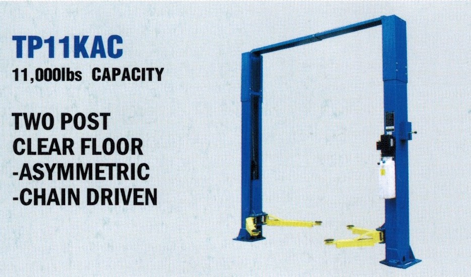 Model TP11KAC Two Post Asymmetric Chain Driven Clear Floor Vehicle Lift With 11,000 lbs. Capacity