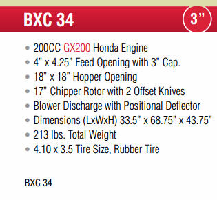 Specifications BXC Series Engine Powered Wood Chipper
