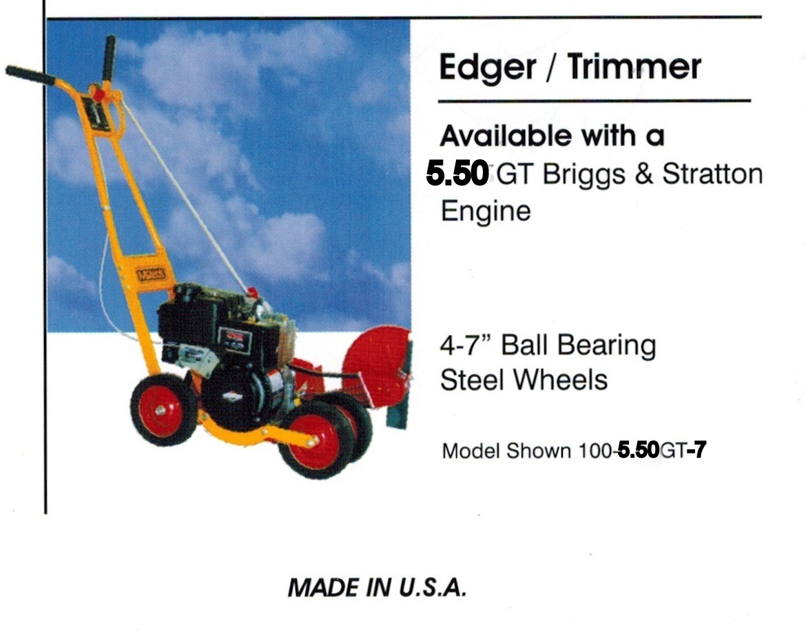 Trim-N-Edger gas powered edger/trimmer with four 7 inch steel wheels and a 5.50 Gross Torque Briggs And Stratton Engine