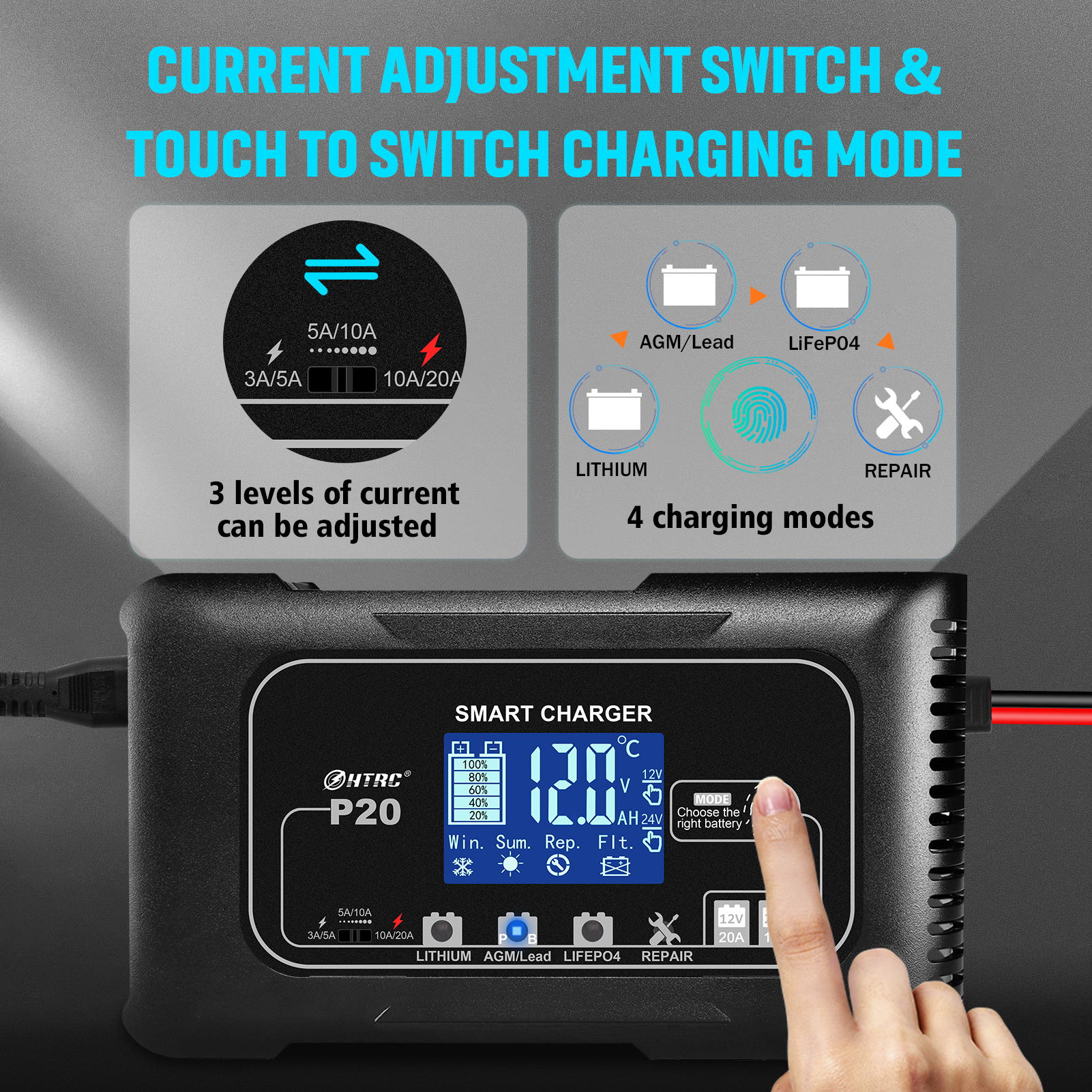 Current adjustment switch and touch to switch charging mode