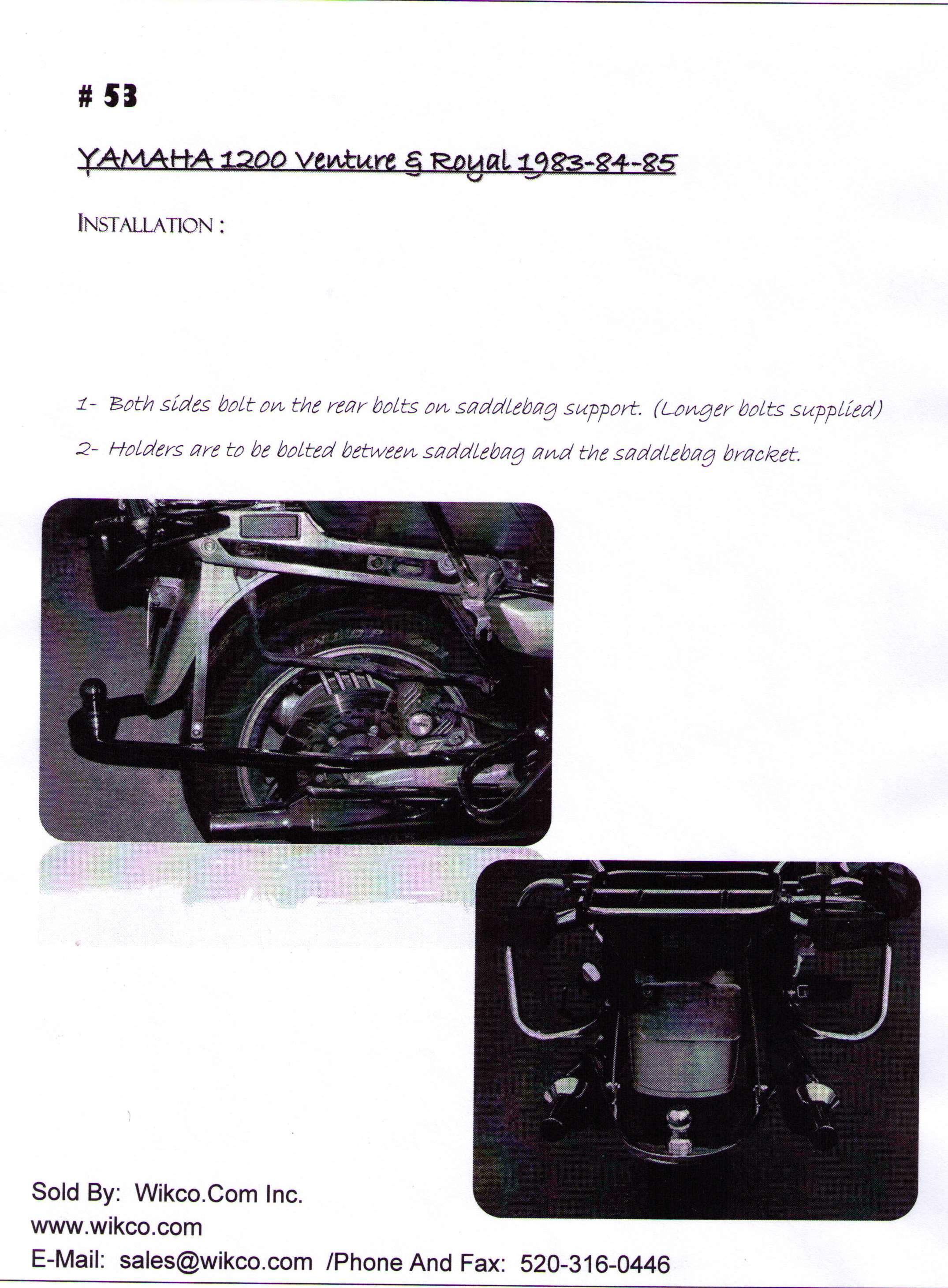 Installation Instructions Hitch 53 Yamaha 1200 Venture And Royal 1983, 84, and 85