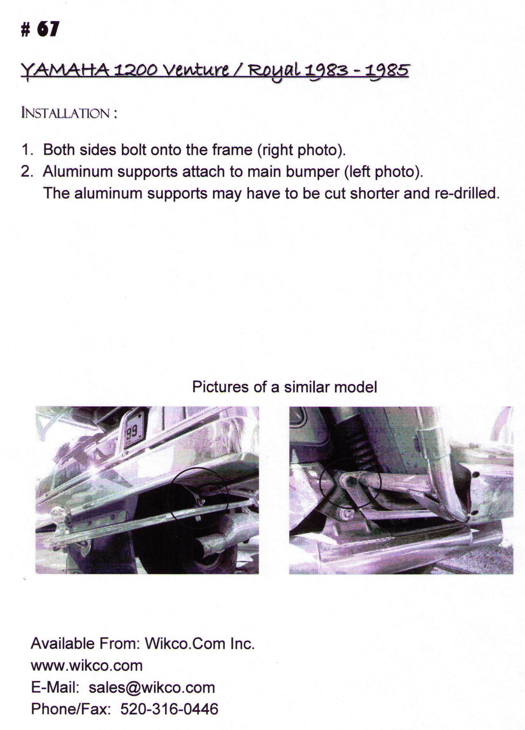 Installation Instructions Hitch 67 Yamaha 1200 Venture And Royal 1983-1985