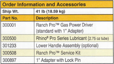 Order Information And Accessories, Rhino Model GPD-30, Honda Engine Powered Hand Held Post Driver