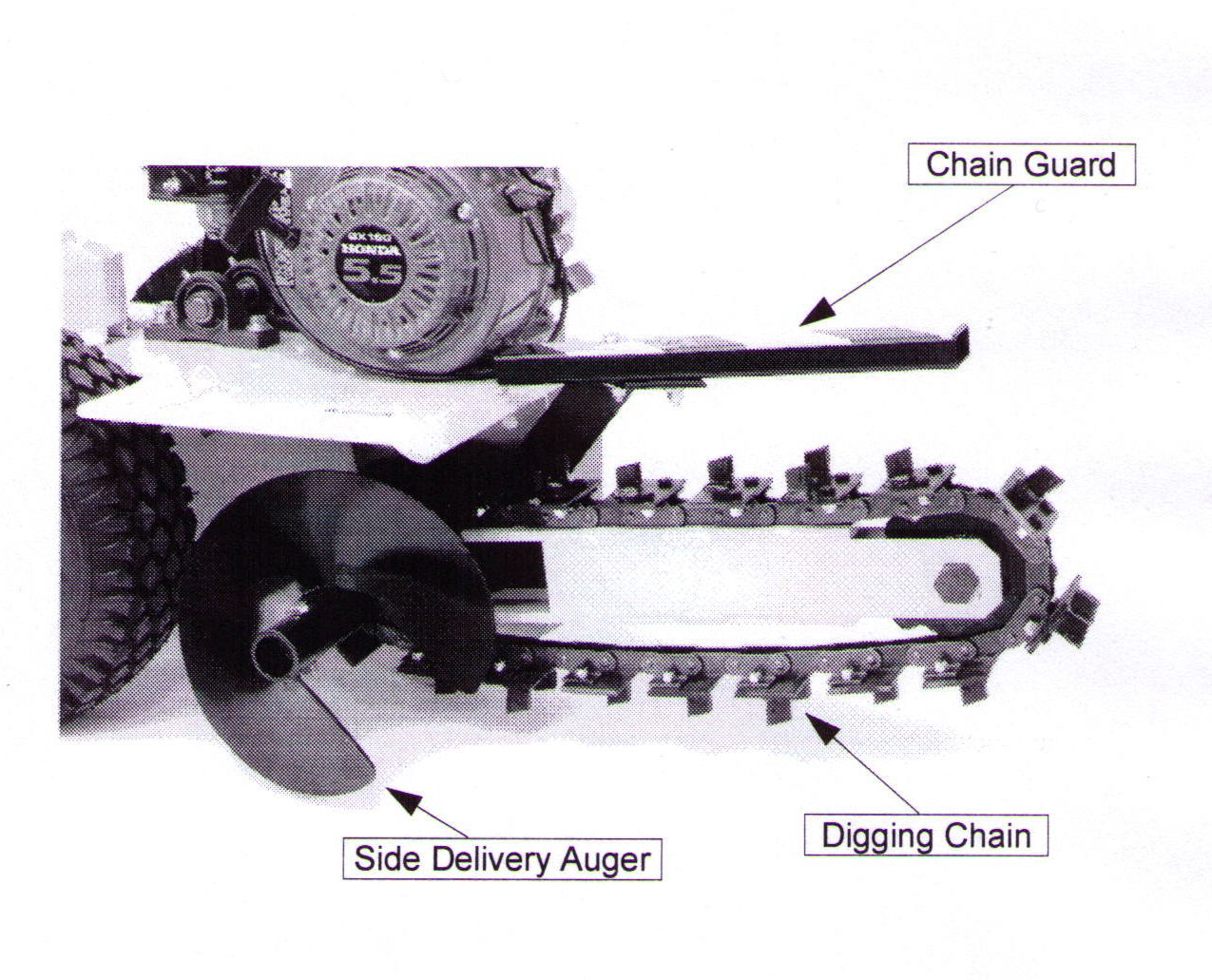 Side Delivery Auger And Chain Guard Shown, Chain Shown Has Shark Style Digging Teeth