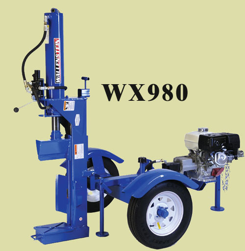 WX980 Trailer Mounted Horizontal/Vertical Combination Model, Mounted On Two Wheel Trailer For Highway Towing (See L Model With Light Kit), 31 Ton Capacity, Uses 5 Inch Cylinder, Has 24 Inch Long Log Capacity